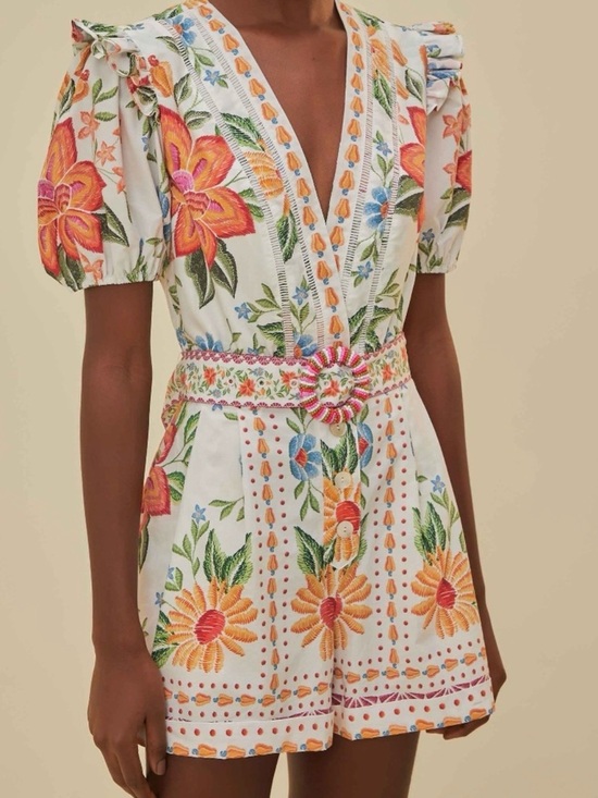 FARM Rio Pants - White Floral Embroidered V-Neck Romper